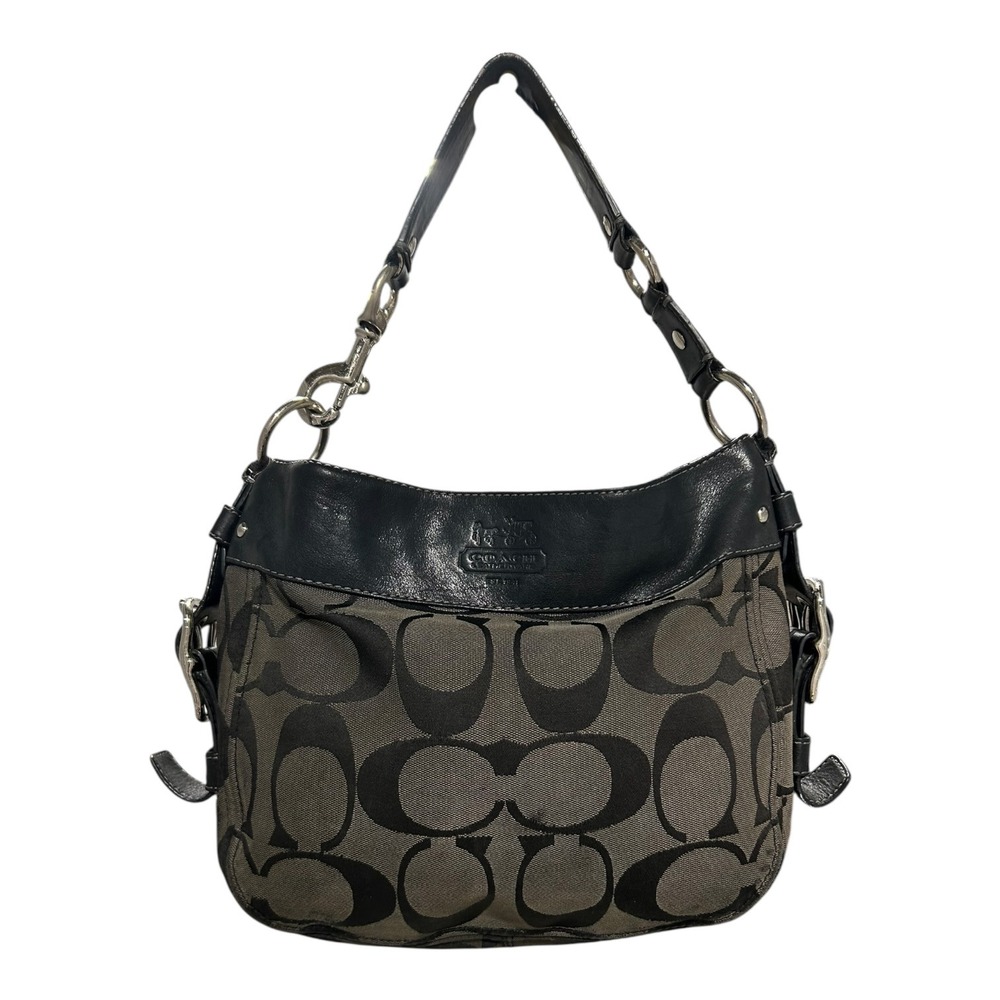 Coach Zoe Signature Canvas Black Gray Leather Hobo Shoulder Bag Y2K Style F12657